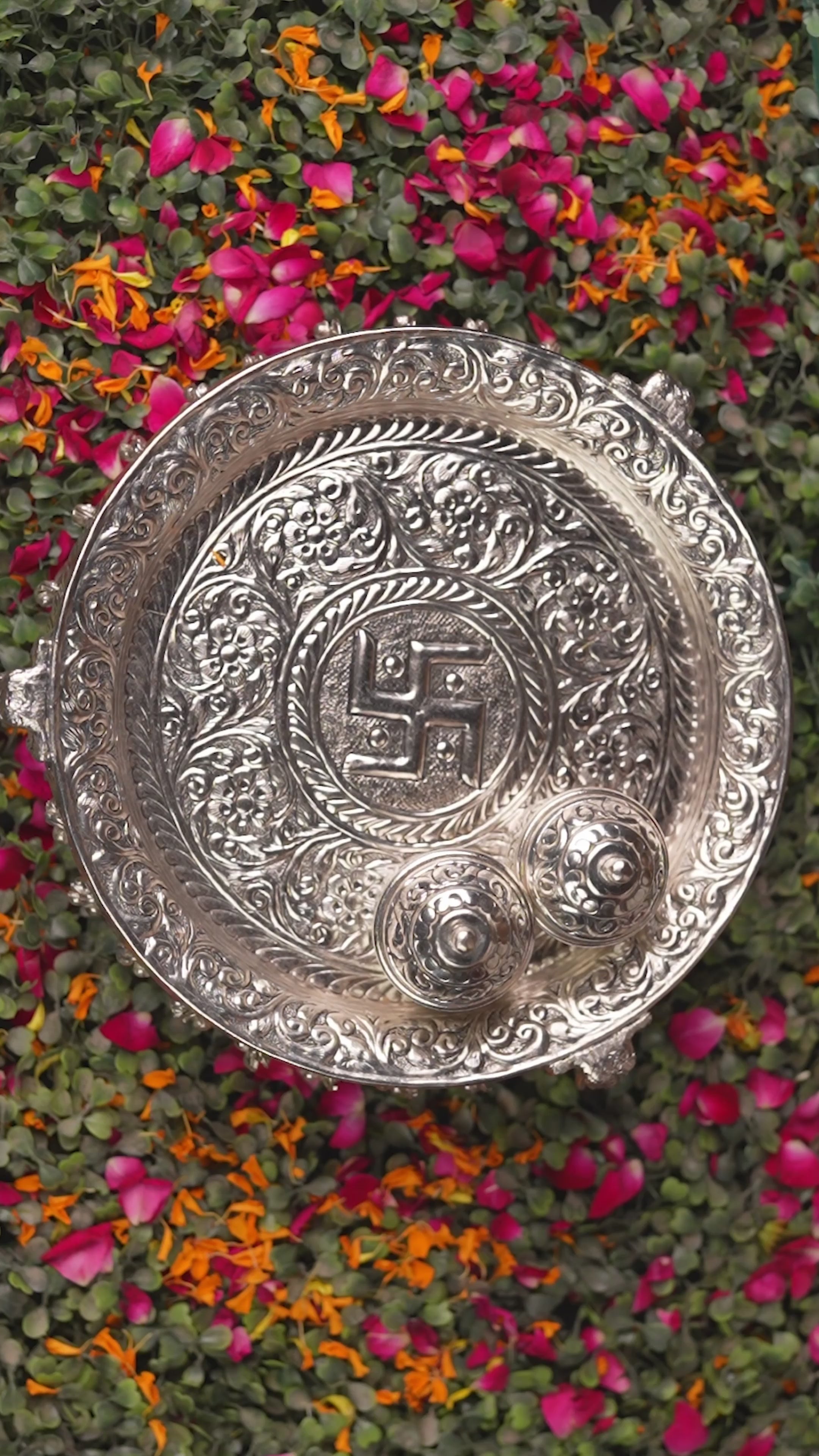 POOJA THALI WITH ELEPHANT SIDE LEGS AND GHUNGROO WITH KALASH TWO KUMKUM BOX AND ONE BELL