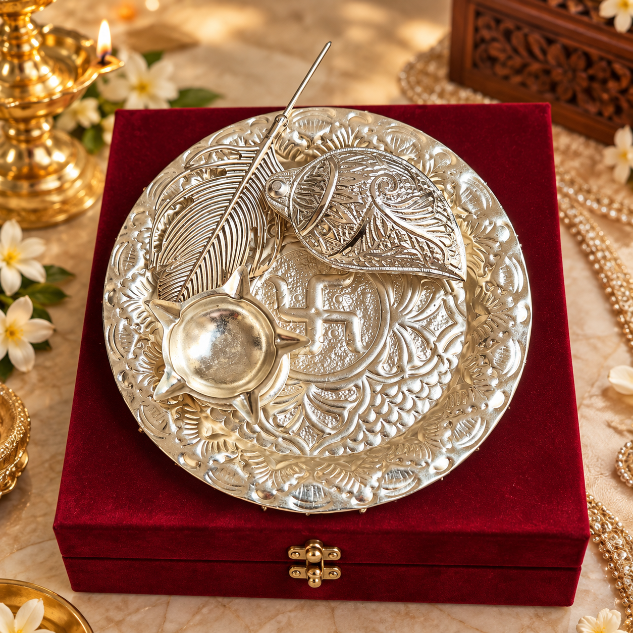 An ornate silver-colored metal plate with embossed floral patterns and a small bowl, displayed on top of a deep red velvet box. The scene is styled with gold-toned lamps, white flowers, and draped jewelry in a warm, decorative setting.