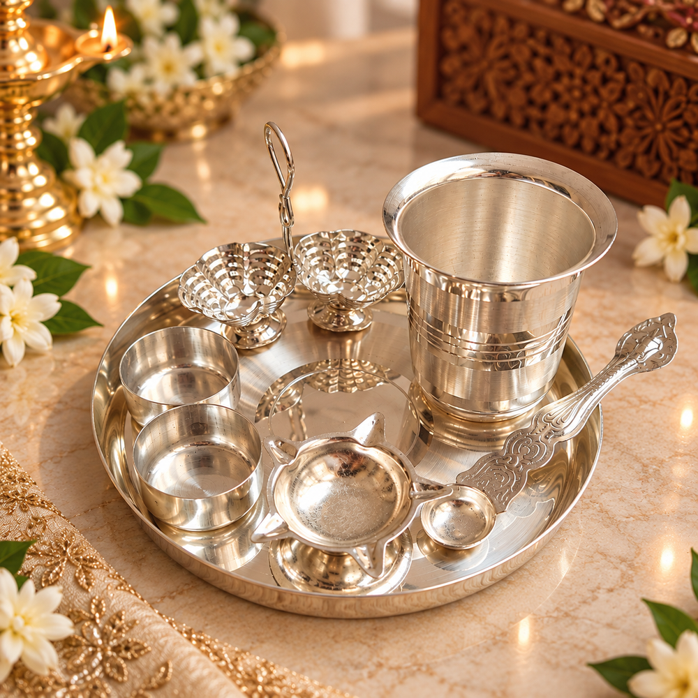 A polished silver stainless steel puja set arranged on a round tray, including a cup, small bowls, a spoon, and decorative pieces, photographed on a warm beige surface with flowers and soft lighting.