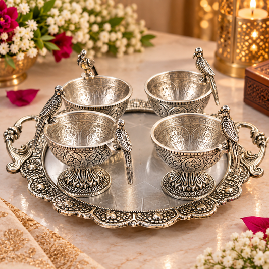 An ornate silver-toned metal tray holding four matching engraved cup holders, each with a bird figure on the side, set on a marble surface with flowers and warm ambient decor in the background.