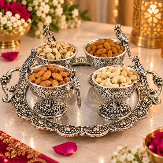 An ornate silver-plated serving tray with four small decorative bowls filled with nuts and dried fruits, set on a marble table with flowers and a glowing lantern in the background.