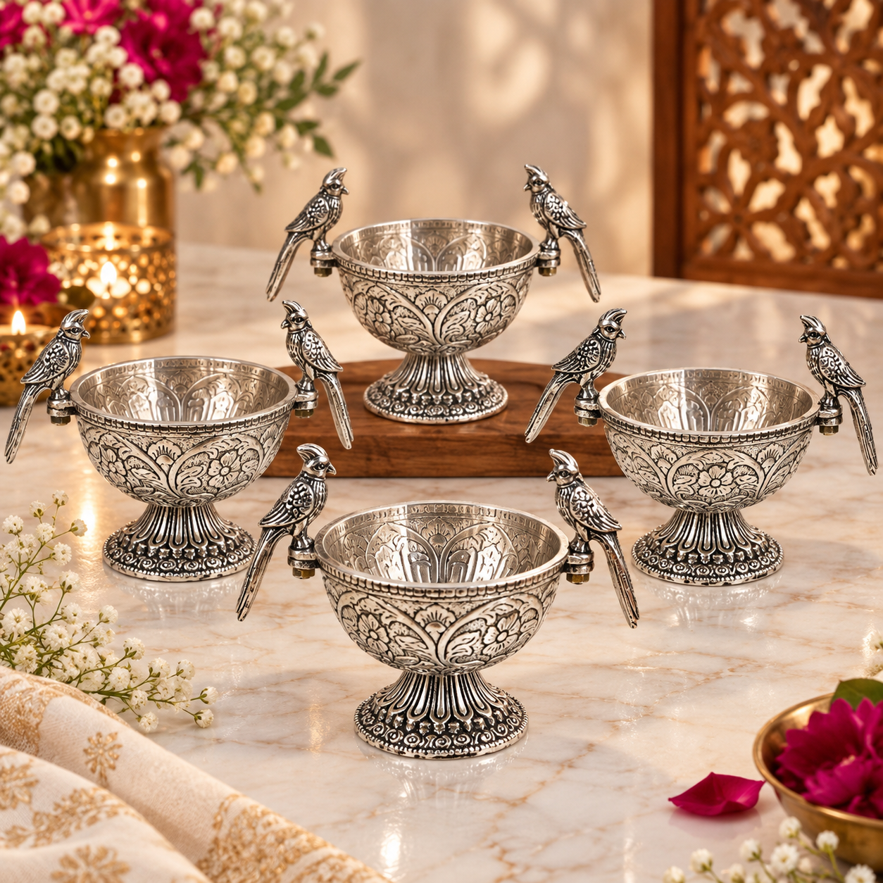 Five ornate silver pedestal bowls with bird-shaped handles, arranged on a marble tabletop with decorative flowers and a wooden tray in the background.