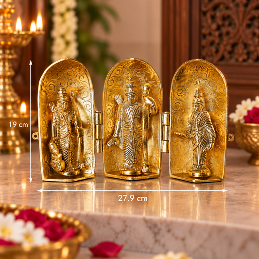 Three gold-colored metal idol boxes with arched panels, shown open on a marble surface with dimension markings indicating 19 cm height and 27.9 cm width.