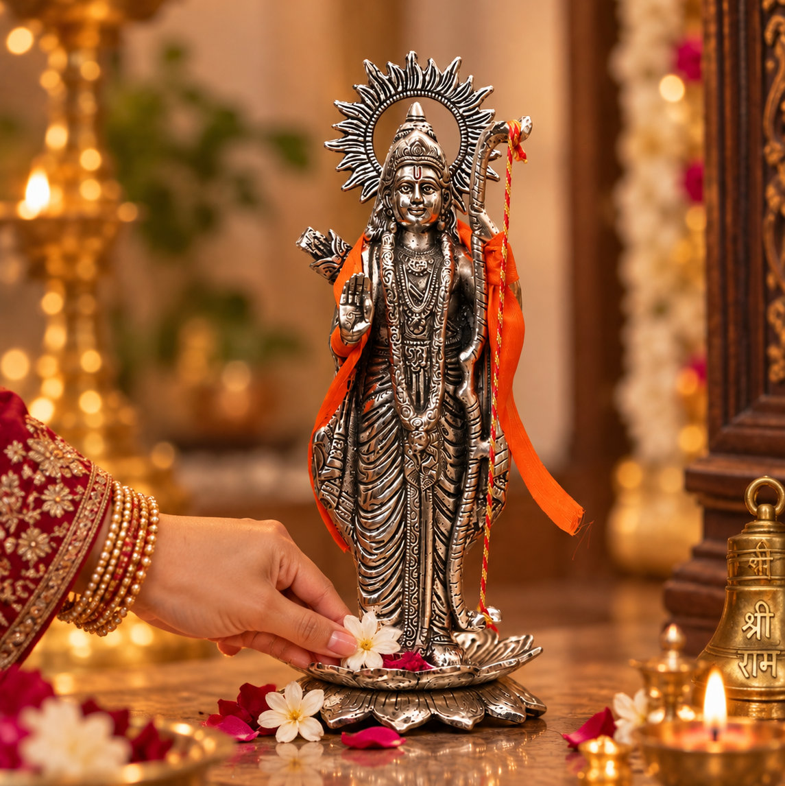 A detailed silver-toned Lord Hanuman statue on a decorative base, adorned with an orange ribbon, set in a warm, decorated home altar environment with a hand placing white flowers near it.