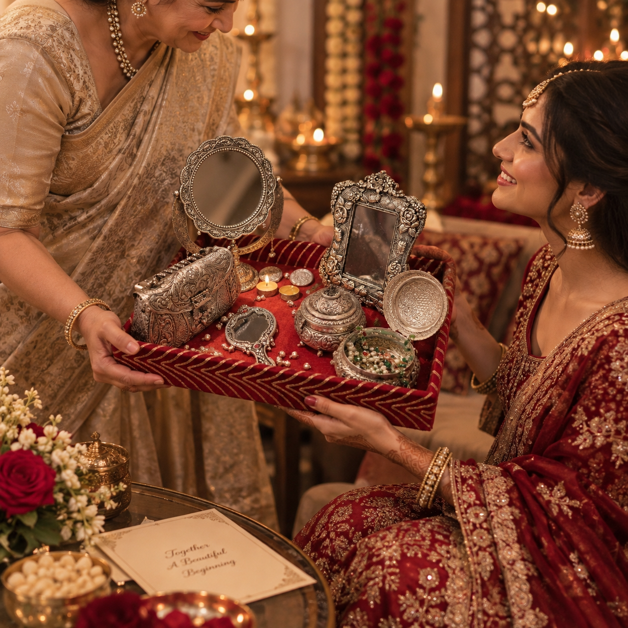 A bride in a red and gold embroidered saree receives a decorative silver and red jewelry tray from a woman in a beige saree, set against a warm, candle-lit traditional Indian background.