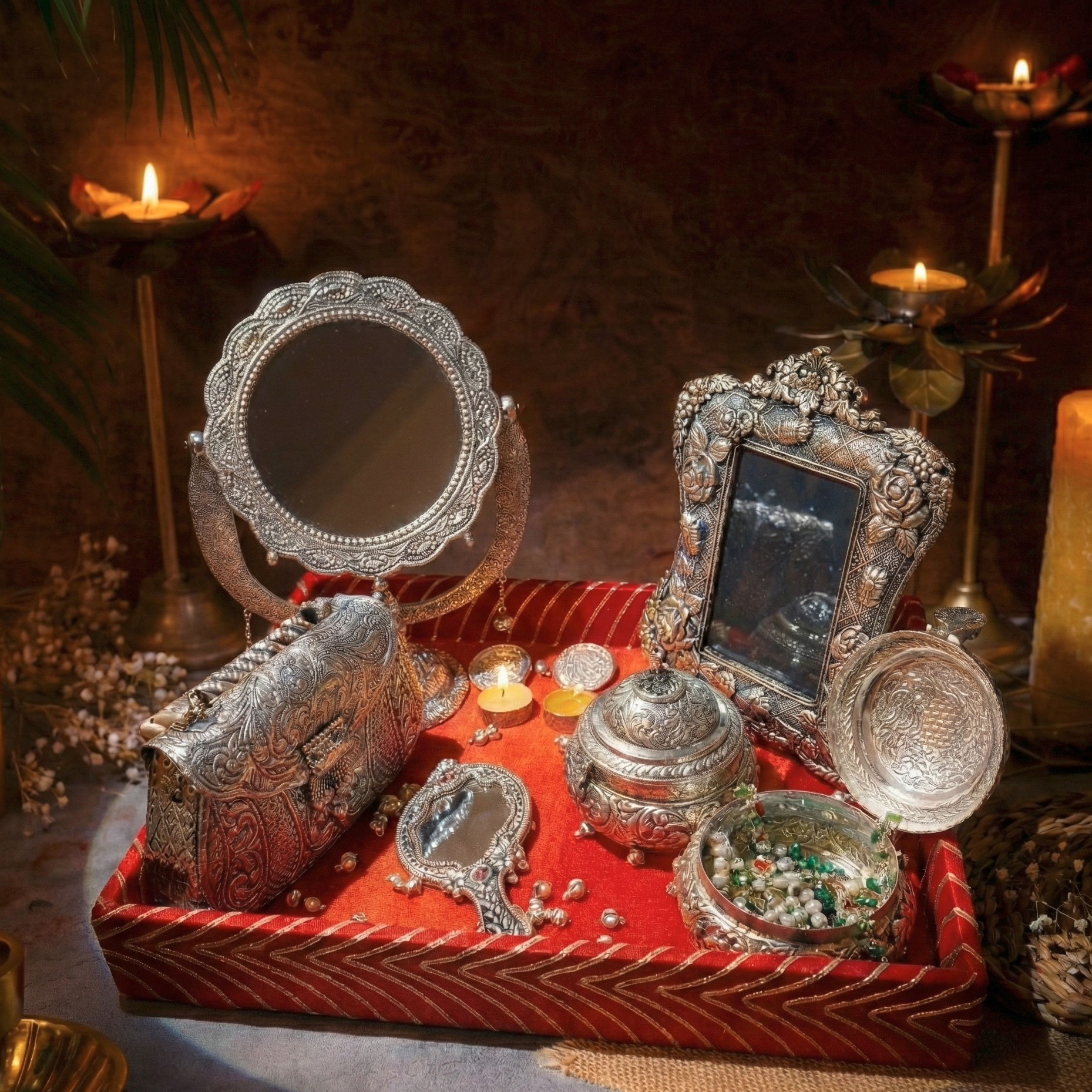 Decorative silver vanity set on a red tray with candles and plants in the background