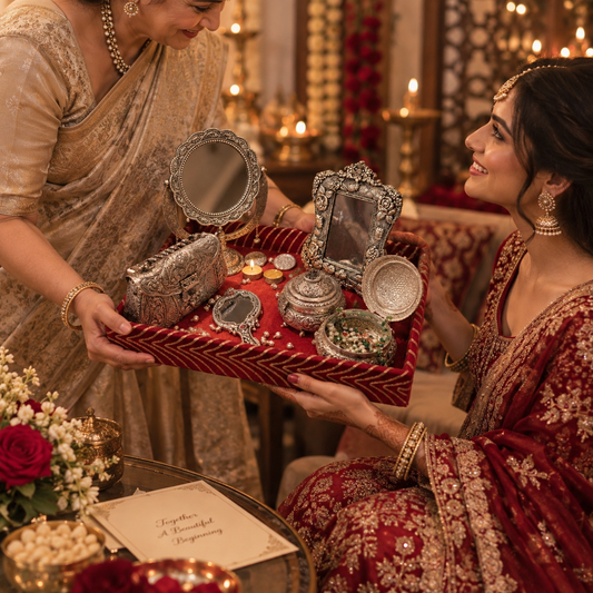A bride in a red and gold embroidered saree receives a decorative silver and red jewelry tray from a woman in a beige saree, set against a warm, candle-lit traditional Indian background.
