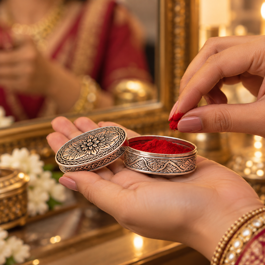 A close-up of a person's hands holding an open round silver-toned box filled with bright red powder, with a matching lid resting beside it. The scene is warmly lit and includes a mirror reflection and decorative gold-toned surroundings.