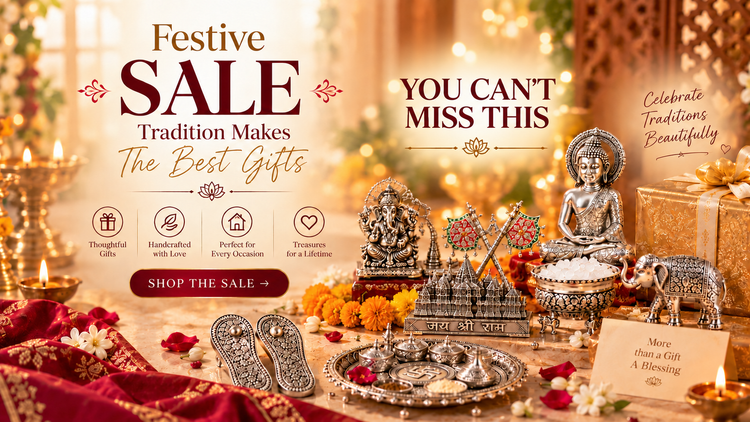 A festive promotional banner for a sale of traditional Indian gifts, featuring a collection of silver and gold-toned statues, a brass plate with decorative items, marigold flowers, and lit candles against a warm, glowing background. Large text reads 'Festive SALE', 'YOU CAN'T MISS THIS', and 'Tradition Makes The Best Gifts'.