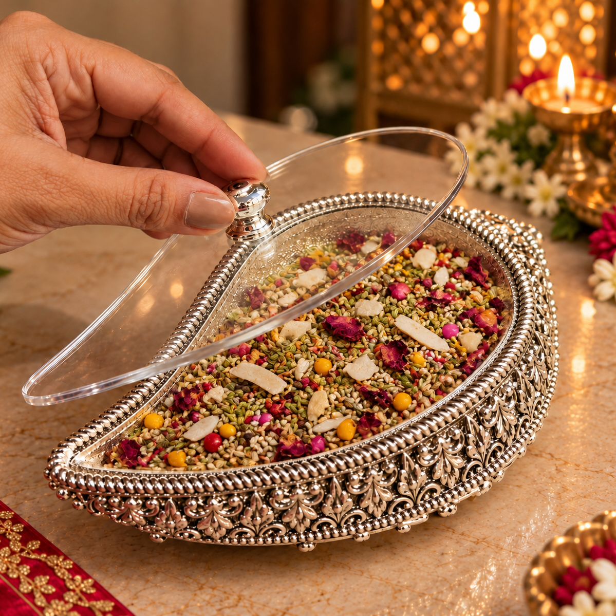A hand holds a clear glass lid over an ornate silver decorative dish filled with colorful dried flowers, seeds, and small dried fruits, set on a marble surface with warm candlelight in the background.
