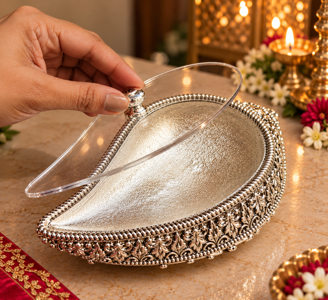 A silver teardrop-shaped decorative tray with ornate filigree detailing around the edge and a clear acrylic lid, shown on a marble surface with a hand lifting the lid. Warm candlelight and floral decorations are visible in the background.