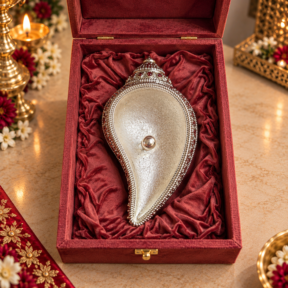 A silver-toned teardrop-shaped ornamental vessel or decorative piece with a beaded border and central pearl-like accent, presented inside an open red velvet box on a beige tabletop with candles and floral decor in the background.