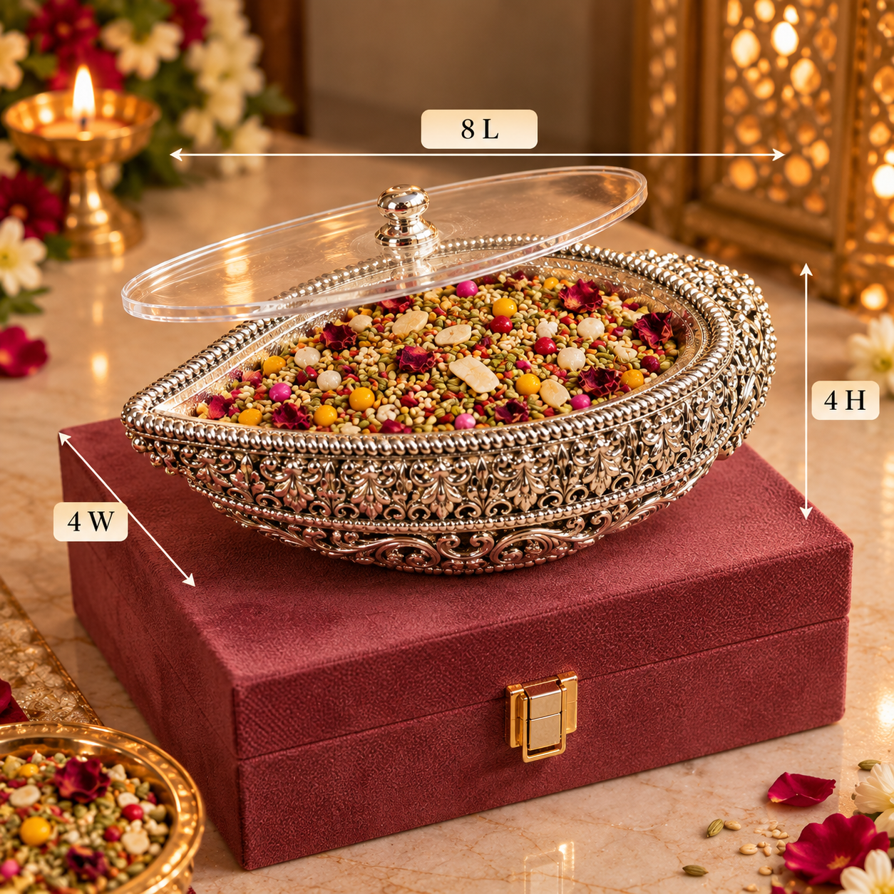 An ornate silver-toned decorative bowl filled with colorful dried flowers and seeds, shown on a burgundy presentation box with overlaid dimension labels (8 L, 4 W, 4 H) in a warm, decorated interior setting.