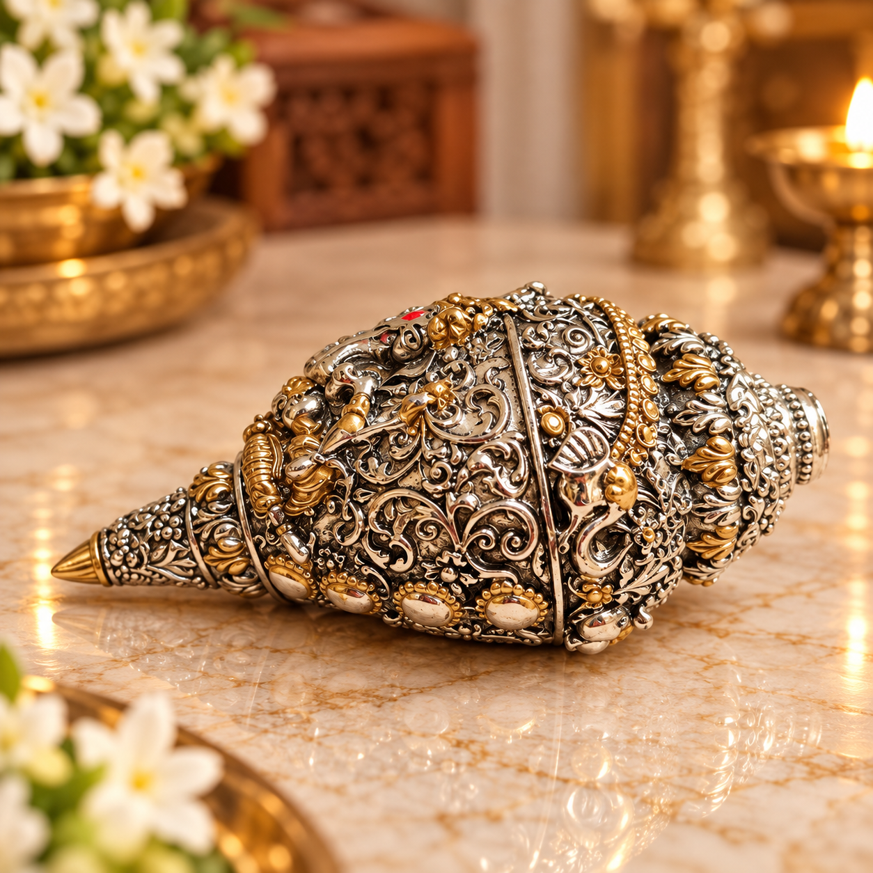 An ornate silver and gold conch shell decorative piece with intricate filigree detailing, displayed on a polished marble surface with warm, blurred background elements.