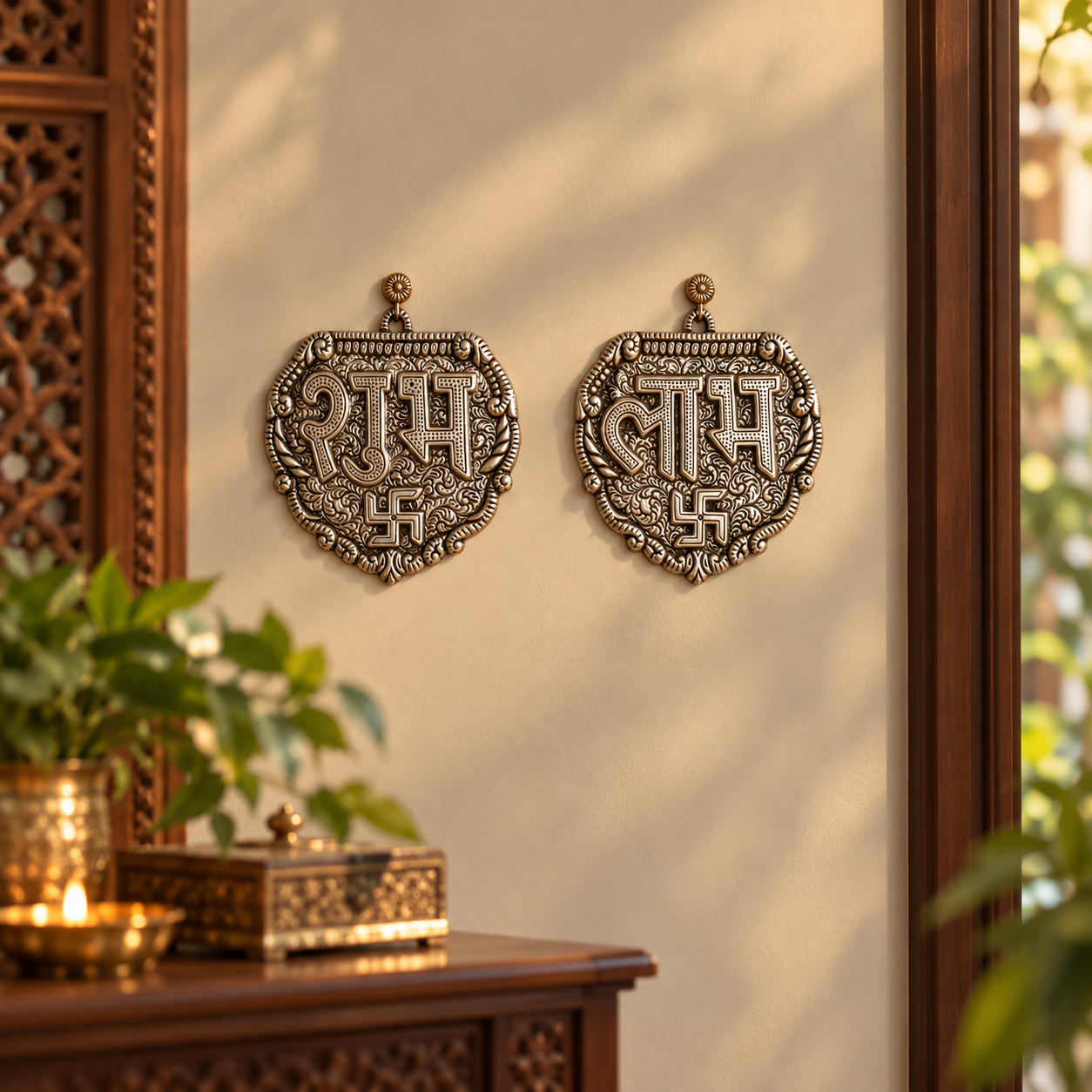 Two ornate metallic wall hangings with carved Sanskrit symbols and swastika motifs, displayed on a beige wall in a warm, decorated interior setting with wooden furniture and plants.