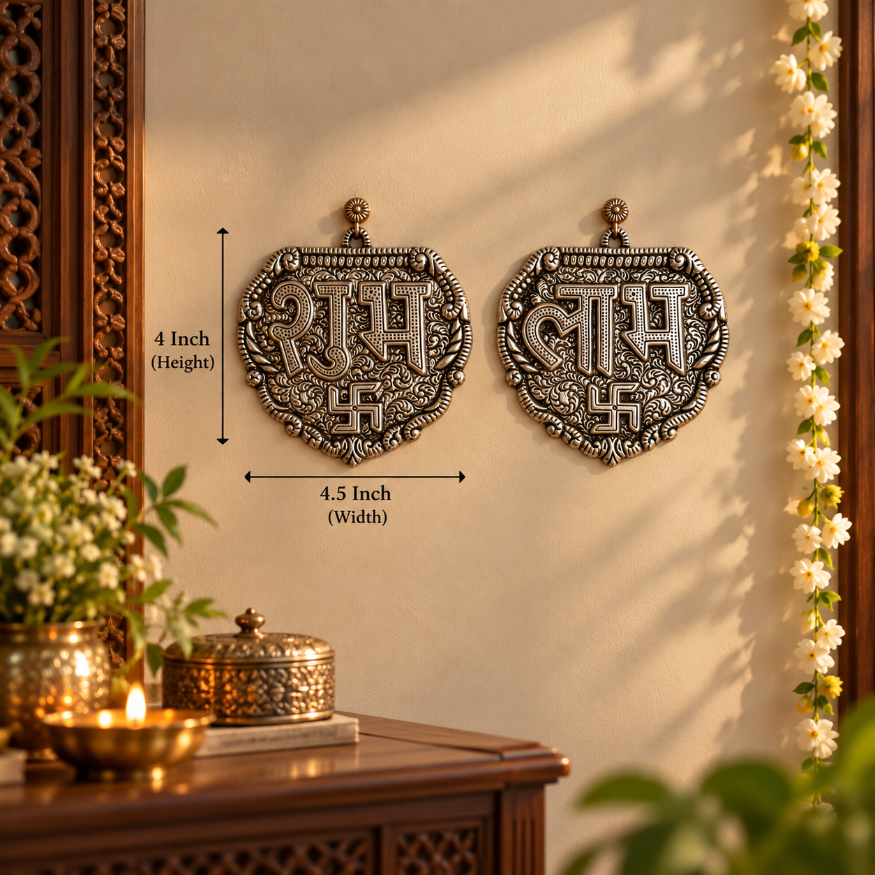 Two ornate silver-toned Swastika wall decor pieces mounted on a beige wall, with measurement arrows and text indicating 4 inch height and 4.5 inch width.