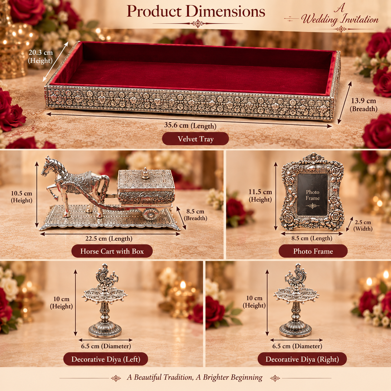 A composite product information graphic showing a decorative silver-toned wedding invitation set with multiple pieces labeled and dimension callouts: a velvet tray, a horse cart with box, a photo frame, and two decorative diya stands. The top panel reads 'Product Dimensions' and 'A Wedding Invitation' and includes measurement arrows over each item against a softly blurred warm floral background.