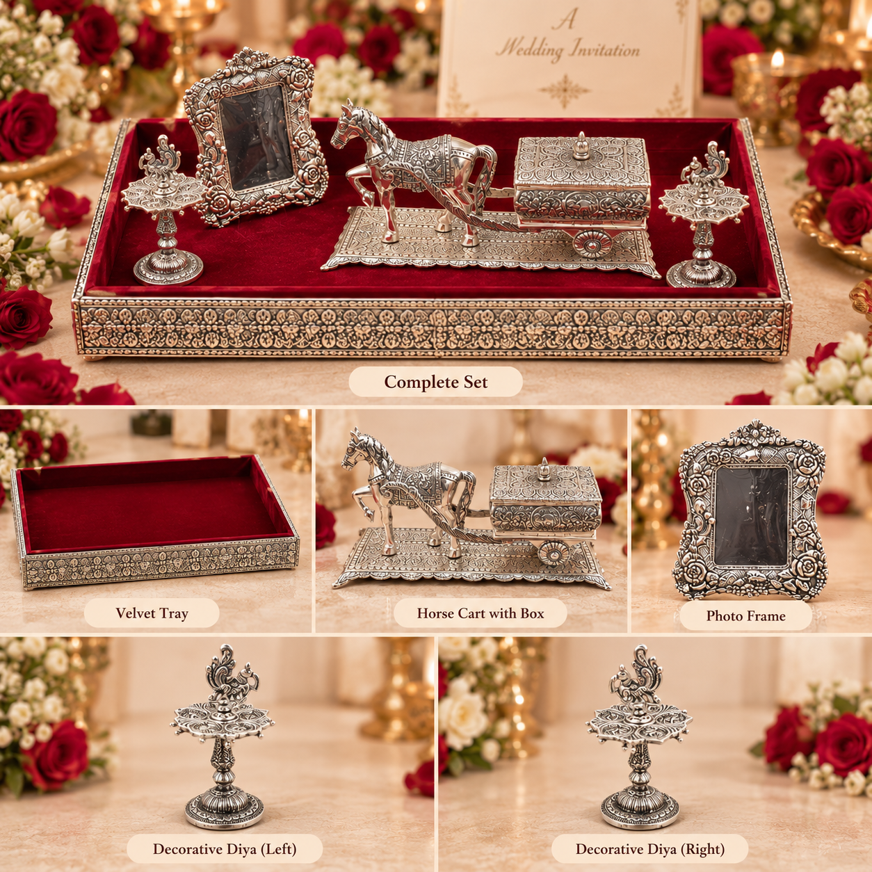 A coordinated wedding keepsake set displayed in a velvet-lined decorative tray, with six labeled close-up panels showing the contents: a complete set, the velvet tray, a horse cart box, a photo frame, and two decorative diya holders. The pieces are ornate silver-toned metal with red velvet interior and floral detailing, surrounded by roses and candles.