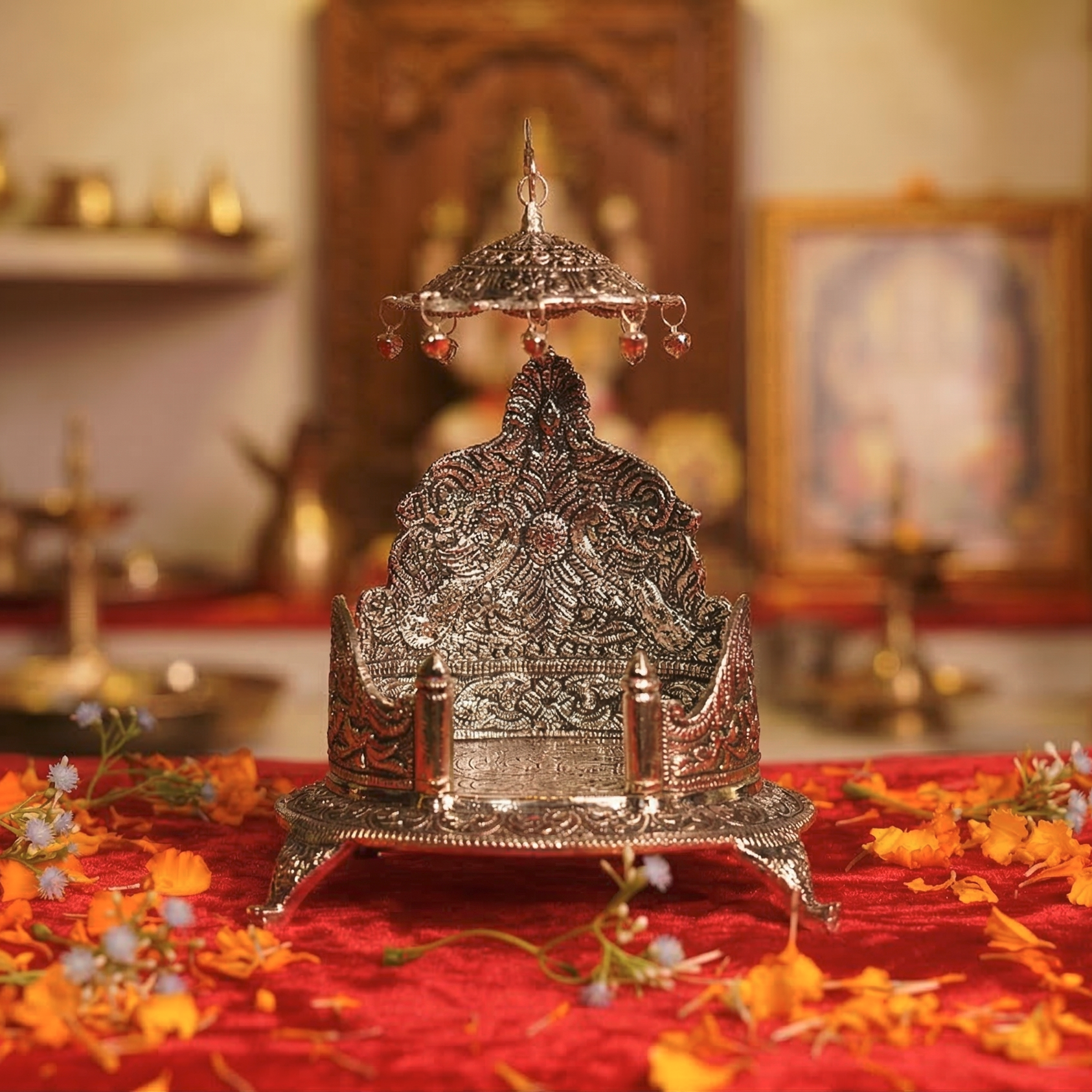 Decorative silver metal object on a red cloth with flowers, in a warm-toned room.