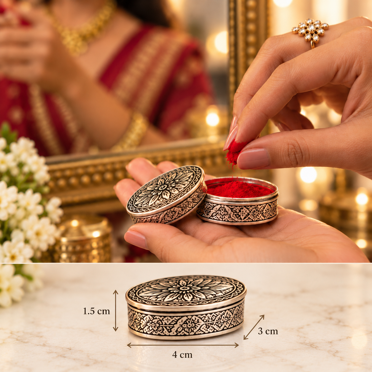 An ornate silver-toned round box with engraved floral detailing, shown open with red powder inside, alongside a bottom panel showing the box dimensions as 4 cm by 3 cm by 1.5 cm.