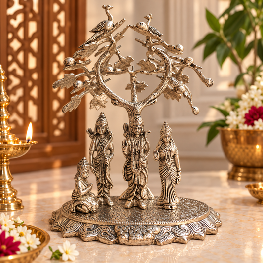 A silver-toned metal decorative statue of a tree of life with peacocks on the branches and four small deity figures standing and sitting below, displayed on a marble surface with warm indoor decor in the background.