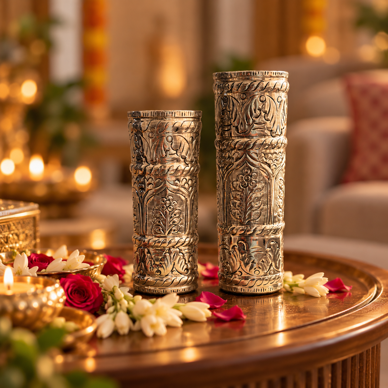 Two ornate silver-toned cylindrical decorative holders with intricate embossed patterns, displayed on a wooden table in a warmly lit, festive indoor setting with flowers and candles.