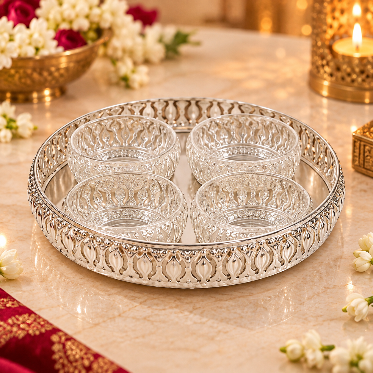 A round silver tray with an ornate embossed floral border holding four clear glass prayer shovels, set on a light marble surface with warm decorative lighting and flowers in the background.
