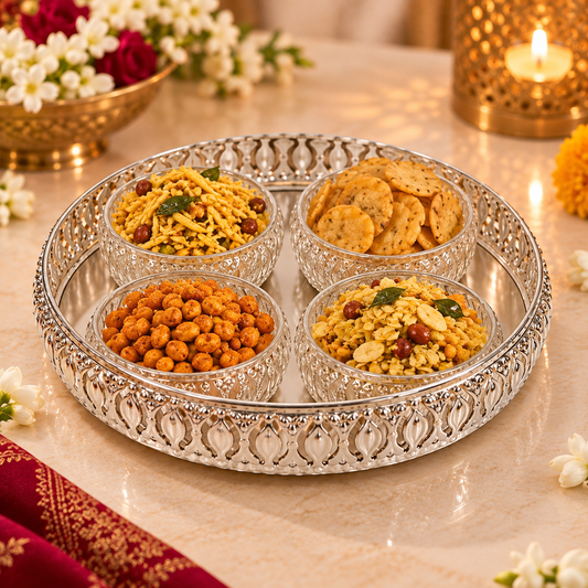A decorative silver tray holding four small bowls of Indian snacks and biscuits, set on a marble surface with flowers and a lit brass candle holder in the background.