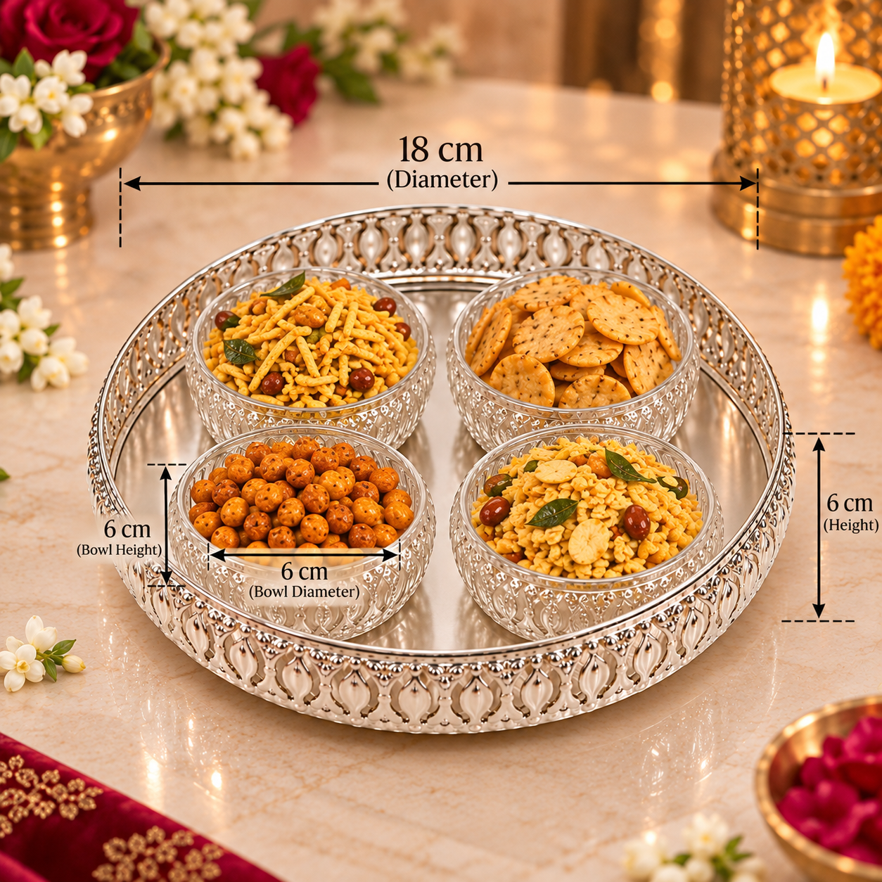A decorative silver-plated serving tray with four clear glass bowls filled with Indian snacks, shown on a marble table with overlaid dimension labels indicating 18 cm diameter, 6 cm bowl diameter, and 6 cm bowl height.