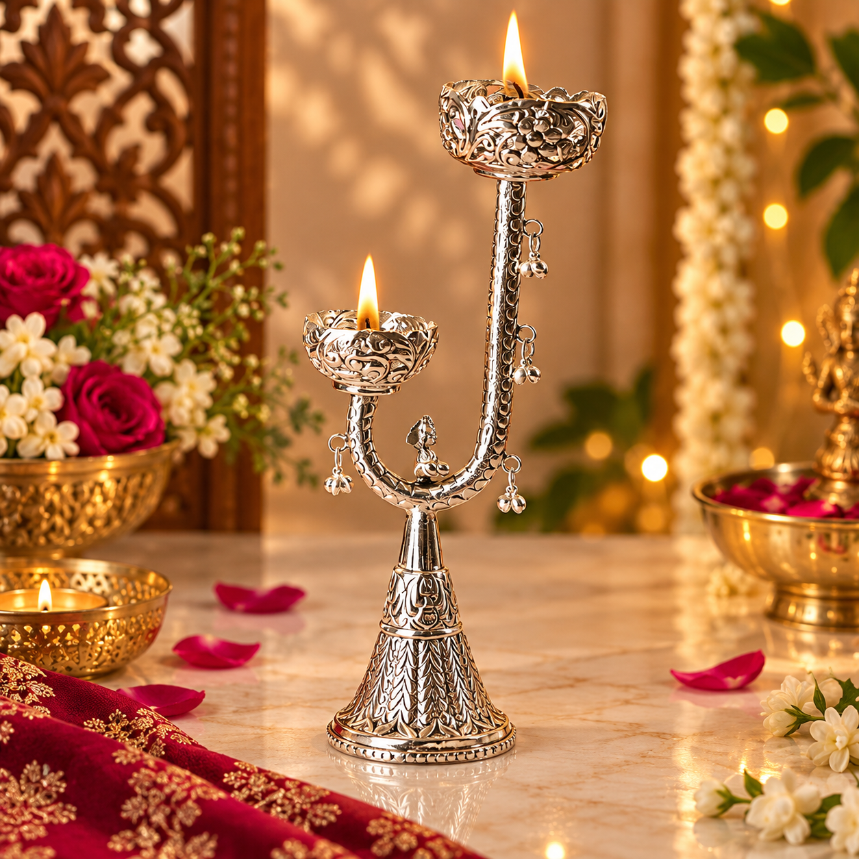 An ornate silver-toned two-tier candle holder with engraved detailing, holding lit tealights on a marble surface, surrounded by flowers, rose petals, and warm bokeh lights in the background.