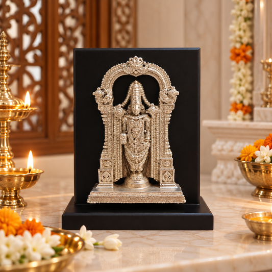 A small silver-toned deity statue displayed inside a black rectangular box on a marble surface, surrounded by lit brass oil lamps and floral arrangements in a decorative indoor setting.