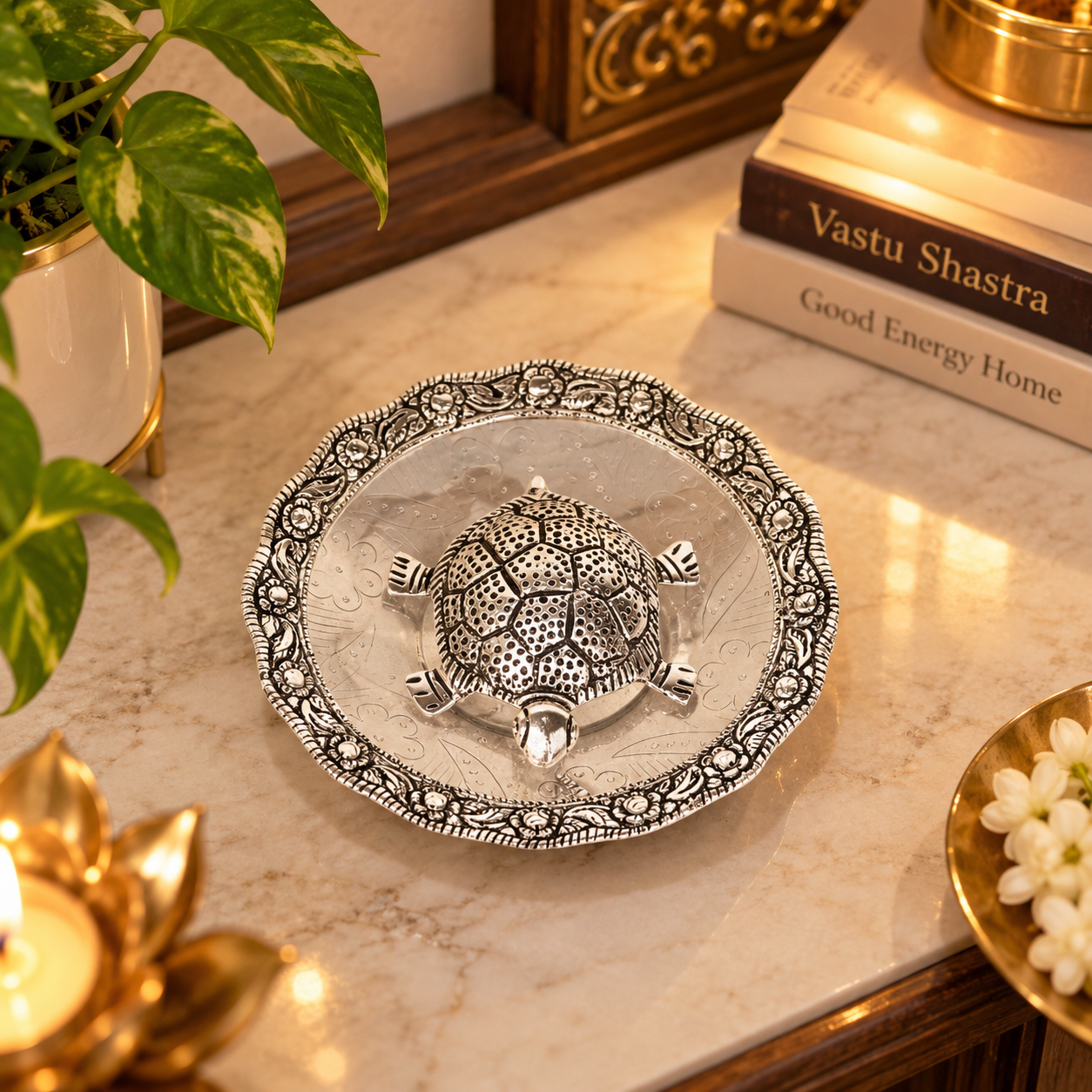 A silver-toned metal turtle figurine sits in the center of an ornate scalloped silver dish on a marble countertop, styled with a potted plant, books, and warm ambient lighting.