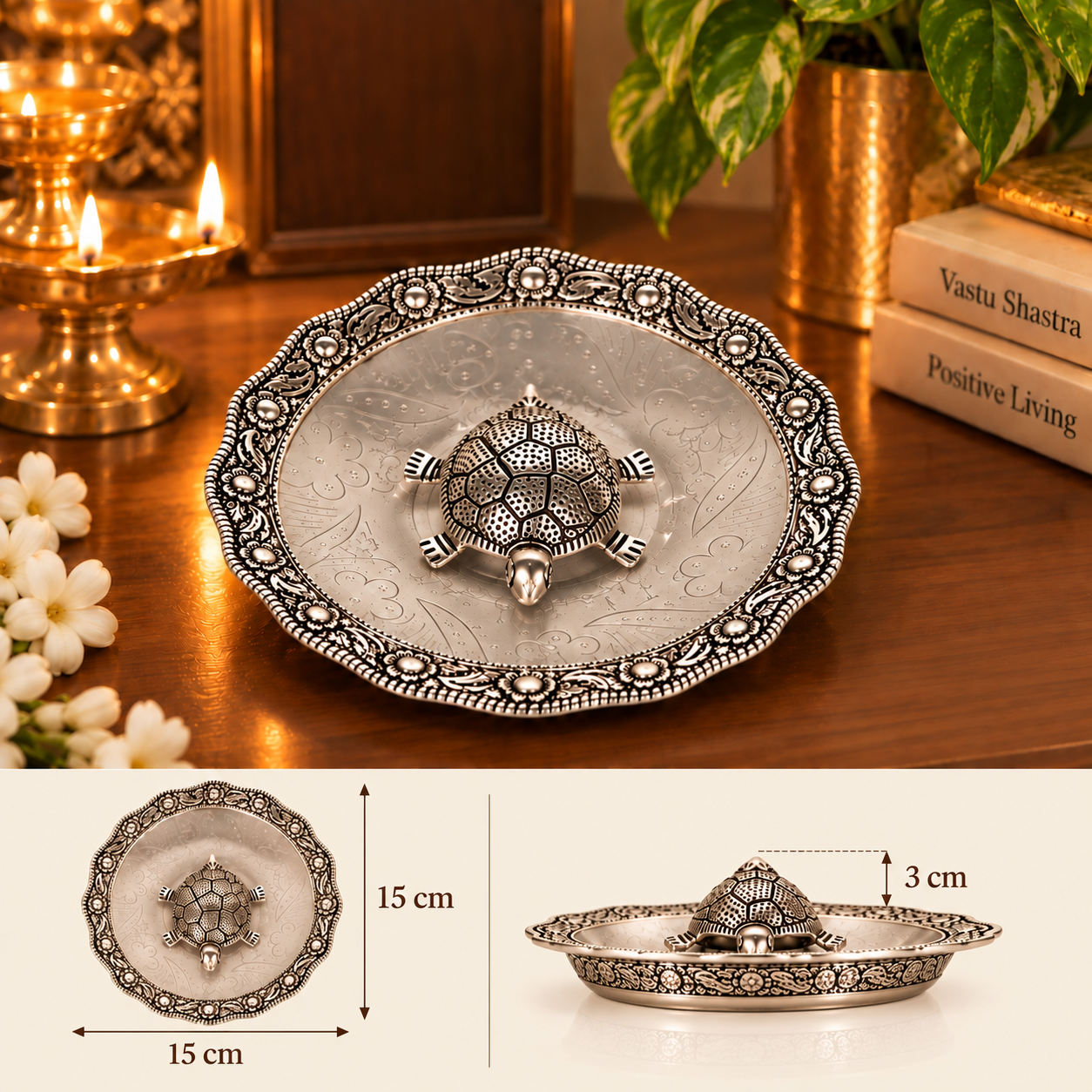 An ornate silver-toned metal tray with a raised turtle motif in the center, shown on a wooden table with decorative candles, flowers, and books. A smaller inset at the bottom includes dimension markings: 15 cm across the tray and 3 cm for the turtle topper.