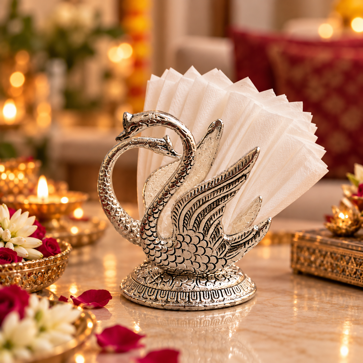 An ornate silver-toned metal napkin holder shaped like two swans, holding white folded napkins, set on a decorated table with warm lights and flowers in the background.