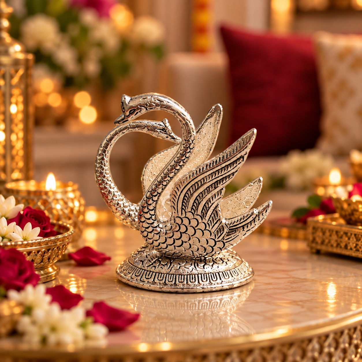 A decorative silver-toned swan figurine with two curved necks and detailed feather patterns, displayed on a reflective gold-toned table in a warmly lit indoor setting with flowers and candles.