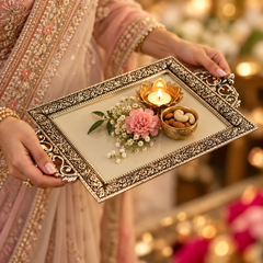 A person in a pink embroidered traditional outfit holds an ornate rectangular silver tray with decorative handles. The tray contains a lit diya, a pink flower, small white blossoms, and a small bowl of almonds, against a softly blurred warm background.