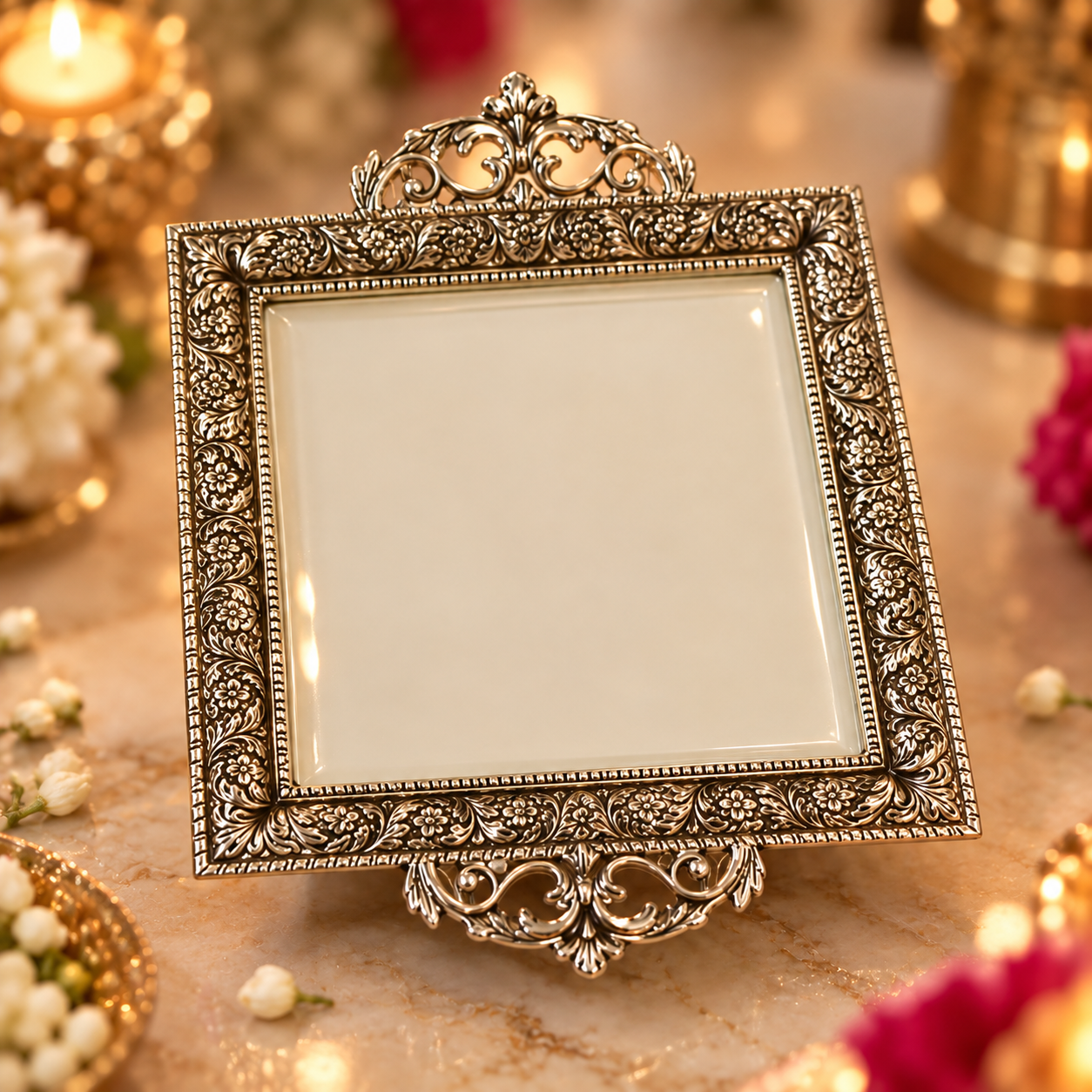 An ornate square silver-toned picture frame with intricate floral scrollwork and a decorative top and bottom crest, displayed on a marble surface with warm candlelight and flowers in the background.
