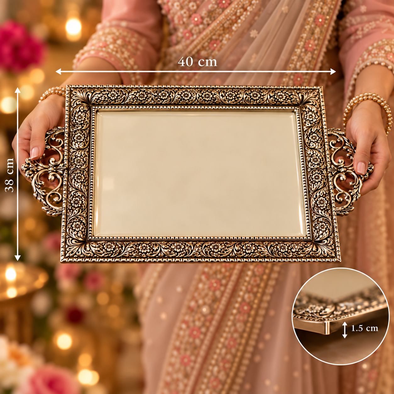 An ornate rectangular decorative tray with intricate filigree handles, held by a person wearing a pink embellished traditional outfit. White dimension overlays indicate a width of 40 cm and height of 38 cm, with a circular inset showing the tray's thickness of 1.