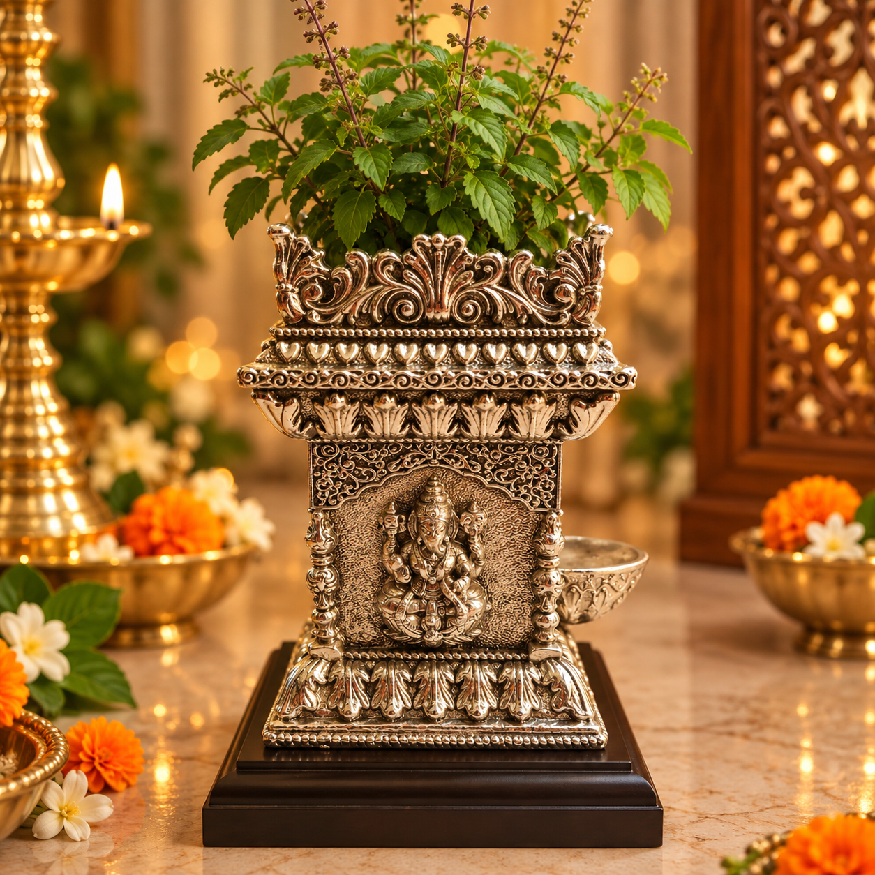 An ornate silver-toned Ganesha idol planter with a green leafy plant, displayed on a dark wooden base on a marble surface with warm bokeh background.