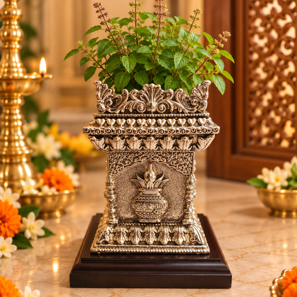An ornate silver-toned decorative planter with carved floral details, holding green leafy stems, displayed on a dark wooden base on a marble-like surface with warm indoor decor in the background.