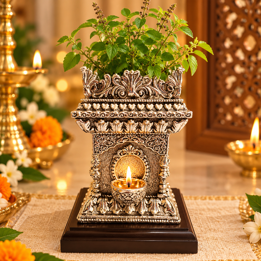 An ornate silver-toned decorative planter with a carved floral top and a small lit candle holder in the center, holding a leafy green plant. The planter sits on a dark wooden base on a table with warm blurred candles and decorative flowers in the background.