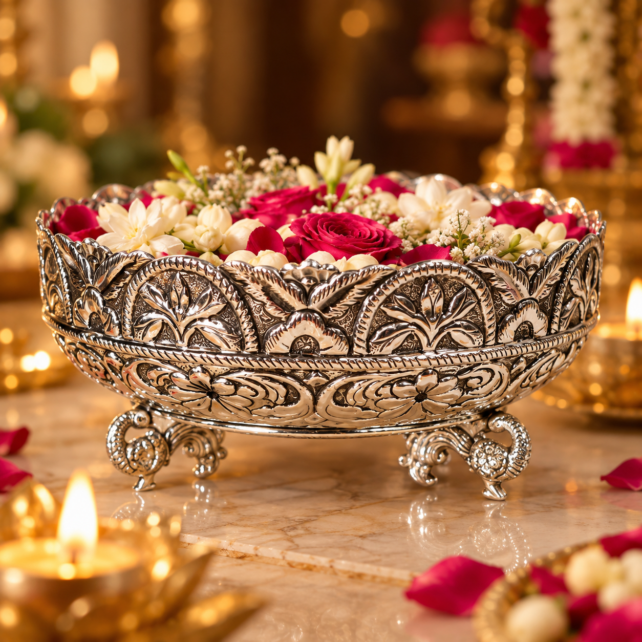 An ornate silver-toned metal pedestal bowl filled with red and white flowers, set on a marble surface with lit candles and warm bokeh lights in the background.