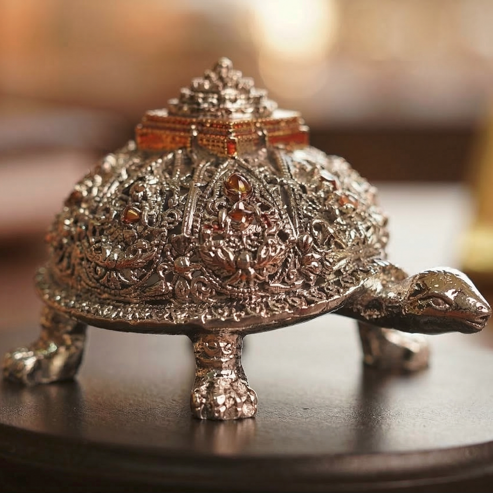 Decorative turtle figurine with intricate designs on a wooden stand