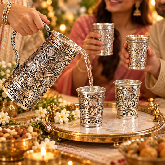 An ornate silver-toned metal pitcher with intricate floral engravings is being poured into matching engraved silver cups on a decorative tray, with hands and blurred people holding cups in the background.