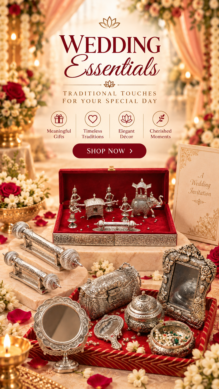 A styled wedding gift display featuring ornate silver-toned traditional Indian jewelry and accessories arranged on red velvet trays, with a boxed set of small decorative pieces in the center. The scene includes a mirror, earrings, a small framed piece, a decorative box, and a keepsake box, surrounded by flowers and candles.