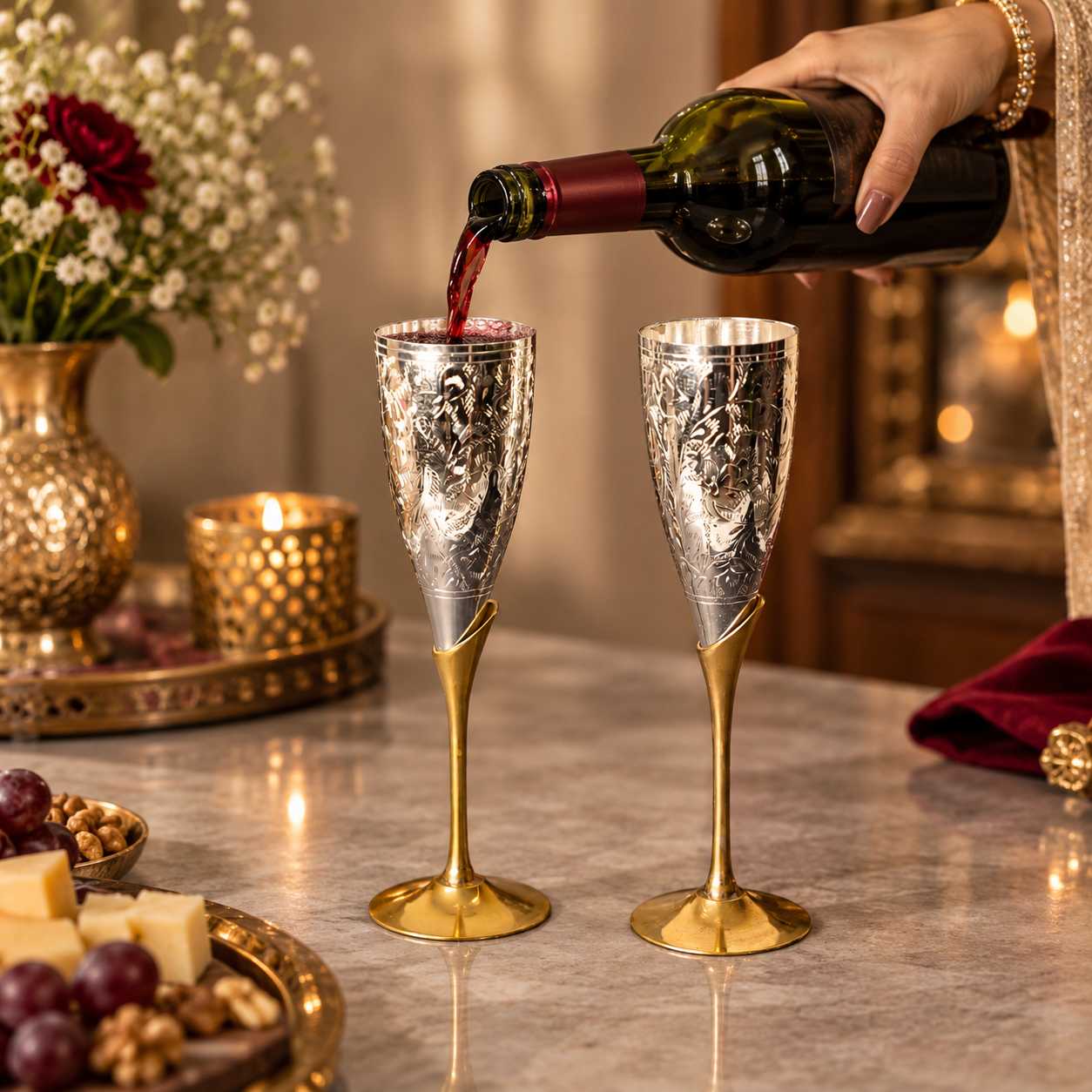 Two ornate champagne flutes with engraved silver tops and gold stems are on a marble counter, with a hand pouring red wine from a bottle into one flute. A floral arrangement, candles, and a plate of cheese and grapes are in the softly lit background.